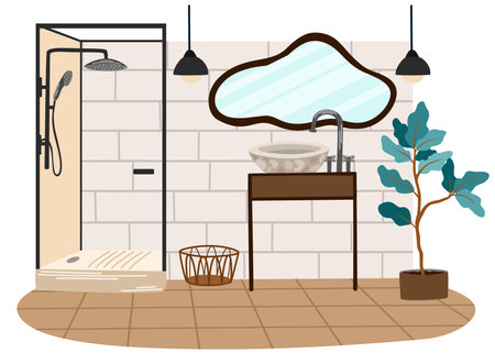 Bathroom interior vector illustration. Shower stall, sink, mirror, houseplant, wicker basket, chandeliers. Modern interior design.のイラスト素材