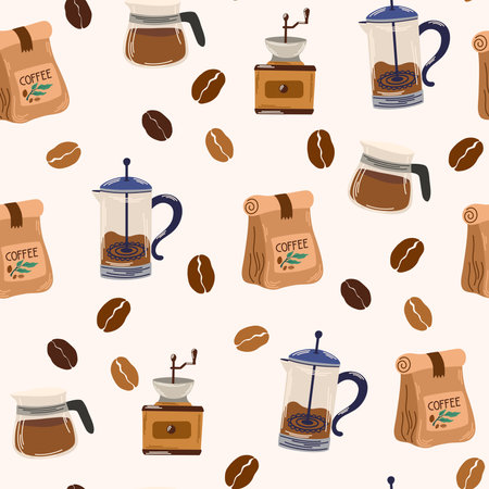 Coffee seamless pattern. Specialty cafe, packaging design elements, print. Coffee device maker surface pattern. hand drawn vector illustrationのイラスト素材