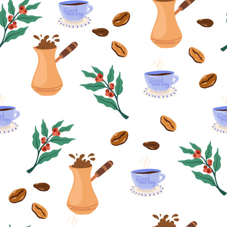 Coffee seamless pattern. Coffee berries on a branch, cezve and cup. Stylish trendy fabric design paper. hand drawn vector illustrationのイラスト素材