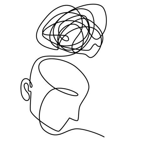 Person with confused feelings worried about bad mental health. Problems, failure and grief concept. Continuous one line drawing with a head and a tangled line. Line art vector illustrationのイラスト素材