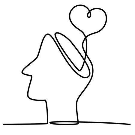 Heart in head in one single Continuous one line drawing. Concept of mental disorder, finding solution, chaotic thinking process, confused mind. Vector illustration for banner, brochure, poster, presentationのイラスト素材