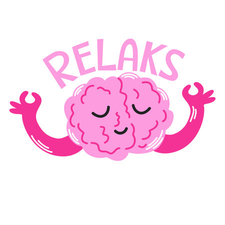 Happy healthy brain mind character meditation yoga relax. Health brain mental organ sit in lotus, keep calm. Cartoon sticker brain relax. Vector hand draw illustration.のイラスト素材
