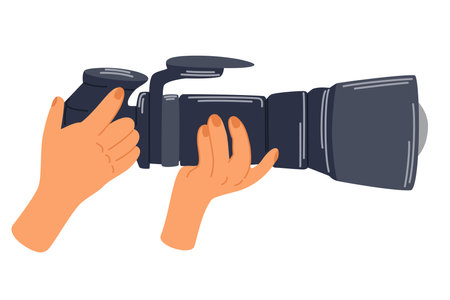 Hand holding camera. Photographer taking pictures. Professional photo or video shooting. Hand drawn vector illustrationのイラスト素材