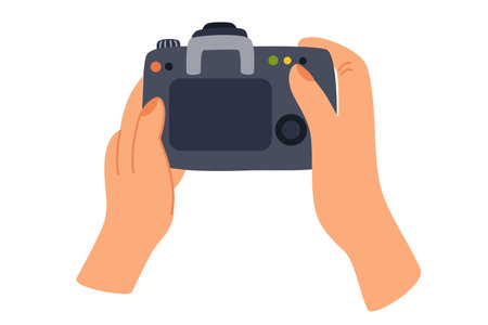 Hand holding camera. Photographer taking pictures. Professional photo or video shooting. Hand drawn vector illustrationのイラスト素材