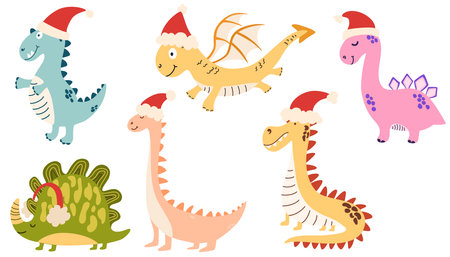 Dragons in a Santa Claus hat. Cute dinosaurs for New Year and Christmas. Symbol of 2024. Vector hand drawn illustration.のイラスト素材
