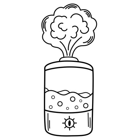 Humidifier with steam jet. Linear icon of cylindrical electronic device for wetting indoor air. Contour vector of home diffuser or purifier Illustration for fight against dry skin, good for breathing.のイラスト素材