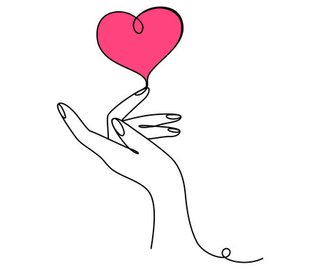 One continuous line drawing of hands holding heart. Concept of love relationship symbol in simple linear style. Volunteer organization. Editable stroke. Doodle Vector illustrationのイラスト素材