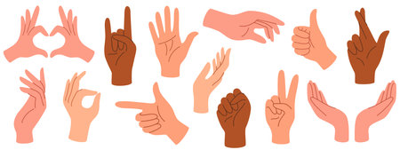 Set of hands in doodle style human arms. Vector different man woman hands showing peace sign, heart, thumbup isolated on the white backgroundのイラスト素材