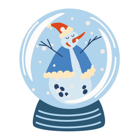Christmas Crystal Snow Globe with snowman. Decoration Sphere. New year hand draw vector illustrationのイラスト素材