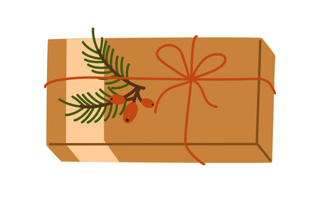 Christmas gift box in kraft paper, holiday wrapping. Present decorated with berry branch, tag, wrapped in eco recycled craft. Flat vector illustration isolated on white backgroundのイラスト素材