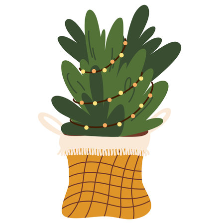 Christmas tree with holiday decoration. Traditional holiday green pine branches with festive baubles, garland in wicker basket. Flat vector illustration isolated on white backgroundのイラスト素材