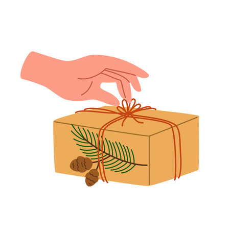 Hand holding gift boxes. Grant exchange concept xmas holiday, arms gives new year souvenirs. Wrapping Christmas gift box. Preparing for celebration of Christmas Eve or new year. Vector illustrationのイラスト素材