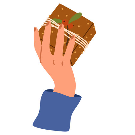 Hand holding Christmas gift box. Grant exchange concept xmas holiday, arms gives new year souvenirs. Wrapping gift box. Preparing for celebration of Christmas Eve or new year. Vector illustrationのイラスト素材
