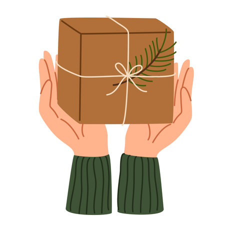 Hand holding gift boxes. Grant exchange concept xmas holiday, arms gives new year souvenirs. Wrapping Christmas gift box. Preparing for celebration of Christmas Eve or new year. Vector illustrationのイラスト素材