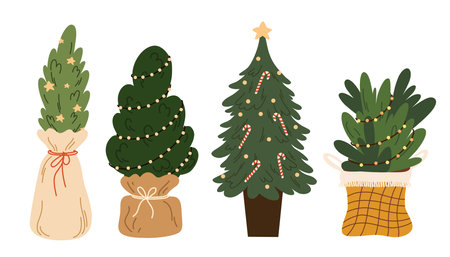 Christmas trees set decorated with festive baubles, garland. Xmas spruce with festive decoration, Traditional holiday, pine branches in craft paper. Artificial spruce on stand. Vector illustrationsのイラスト素材