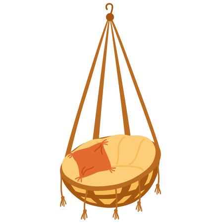 Wicker hanging swing chair with cushions. Trendy comfortable chair. Furniture for home and living room. Soft furniture, luxury sofa. Hand drawn vector doodle elementsのイラスト素材