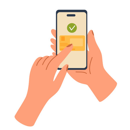 Person pays for a purchase by phone. Contactless cashless wireless payment set. Hands paying with bank debit cards, POS terminal, QR scanner, mobile phone app and smart watch. Flat vector illustrationのイラスト素材