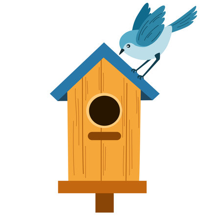 Birdhouse with a bird on the roof. Cartoon vector illustration isolated on white background.のイラスト素材