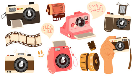 Cameras set. Devices for recording visual images. Different portable cameras, lenses, films. Hand drawn vector doodle elementsのイラスト素材