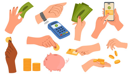 Hands holding money set. Coins, cards and cash on fingers and palms, bank cards, paying, counting, giving currency. Finance, investments and donation concept. Finance flat vector illustrationのイラスト素材