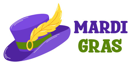 Mardi Gras carnival party Illustration with hat with a feather. Vector illustration for poster, greeting card, party invitation, banner or flyer, vector design elementのイラスト素材