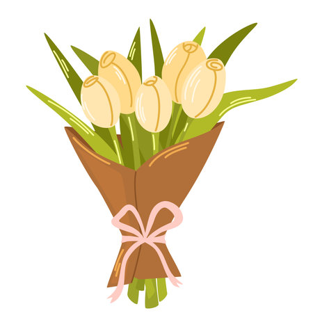 Bouquet of tulips in a cute wrapper. Love concept. Element for spring, summer, seasonal design of postcards, fabrics, wallpaper, wrappers, packaging, textiles. Vector illustrationのイラスト素材