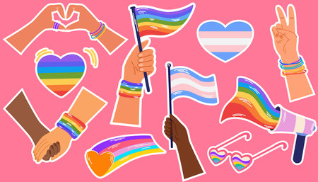 LGBT sticker pack. LGBTQ set on pink background. Symbol of the LGBT pride community. Rainbow elements. Vector hand draw illustration.のイラスト素材
