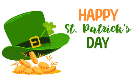 St. Patrick's Day greeting poster. Leprechaun hat with mountain of coins. Vector hand draw illustration.のイラスト素材