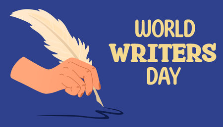World Writers Day banner. Hand with feather quill dip pen. Flat design. flyer design. Hand drawn vector illustration.のイラスト素材
