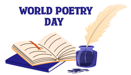 World Poetry Day, 21 March. Books and feather plume for immersion in ink. Banner of world poetry day good for world poetry day celebration. Flat design. flyer design. Hand drawn vector illustration.のイラスト素材