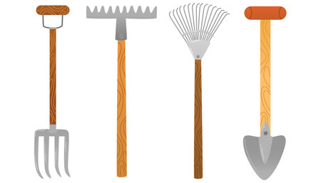 Gardening items set. Agricultural and garden tools for spring work. Shovel, rake, hoe. Vector hand draw illustrations isolated on whiteのイラスト素材