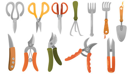 Gardening items set. Agricultural and garden tools for spring work. Vector hand draw illustrations isolated on whiteのイラスト素材