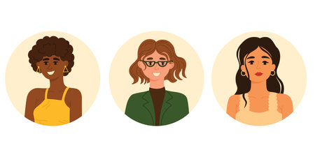 People head portraits set. Diverse women faces. Happy modern young person avatars. Characters bundle. Flat vector illustrations isolated on white backgroundのイラスト素材