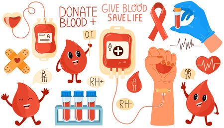 Blood donor stickers set, blood bag, hearts, cute blood drop, rh factor. Human donates blood. Hand drawn vector illustrationのイラスト素材