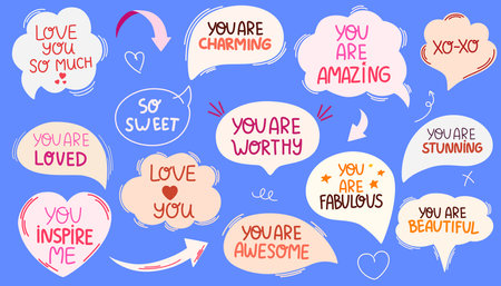 Speech bubbles with compliment phrases set, self love quotes. Vector hand draw doodle stickersのイラスト素材