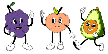 Groovy fruits set. Hand draw Funny Retro vintage trendy style fruits cartoon character. Grapes, avocado, peach. Vector doodle comic collectionのイラスト素材