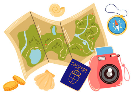 Map, camera, passport, money and compass for sea travel. Tourists stuff, things for summer tour, vacation voyage. Travelers objects. Flat vector illustration isolated on white backgroundのイラスト素材