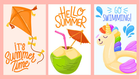 Summer time vector poster set. Hello summer text collection with elements for tropical holiday vacation.のイラスト素材