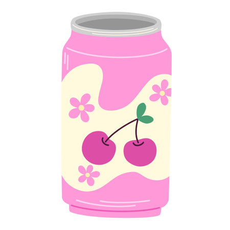 Soda drink, cherry lemonade in tin. Fizzy carbonated berry flavored beverage, cold summer cocktail in aluminum can. Refreshment in metal jar. Flat vector illustration isolatedのイラスト素材