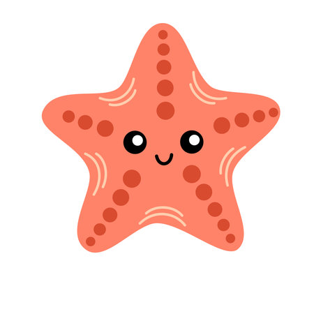 Cute smiling starfish isolated on white background. Happy underwater animal with eyes and mouth. Childish character. Colored flat cartoon vector illustrationのイラスト素材