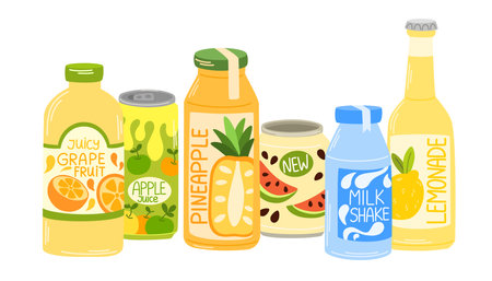 Drinks in glass bottles, aluminum cans. Soda, lemonades, fruit flavored beverages, carbonated sparkling water, cold summer refreshments. Flat vector illustration isolated on white backgroundのイラスト素材