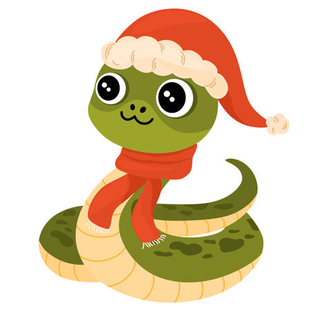Cute Cartoon Snake. Chinese 2025 New Year symbol, happy animal character mascot in Santa hat. Happy funny serpent with spots on skin. Colored flat vector illustration isolated on white backgroundのイラスト素材