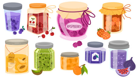 Homemade jams set. Fruit and berry jelly, marmalade, confiture in glass jars. Home-made preserves with cherry, strawberry, apricot flavors. Flat vector illustrations isolated on white backgroundのイラスト素材