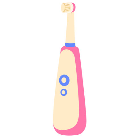 Electric toothbrush for cleaning mouth with toothpaste. Pink toothbrush for oral health care. Tool, accessory for dental hygiene, water treatments. Flat isolated vector illustration on white backgroundのイラスト素材