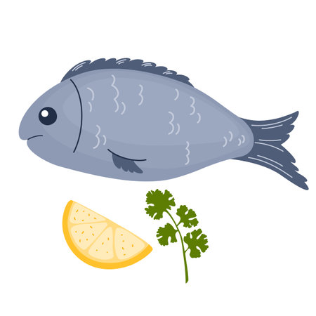 Whole fish with lemon slice and rosemary leaf for baking. Healthy seafood with herbs seasoning for cooking. Sea food with flavorings for roasting. Flat vector illustration isolated on white backgroundのイラスト素材