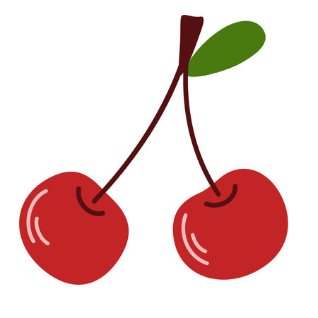 Two cherries on stem, branch with leaf. Red fresh ripe fruits. Berries hanging on twig. Sweet...