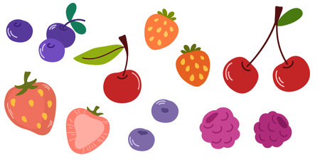 Berries set. Fresh cherry, blueberry, bilberry, whortleberry, raspberry and strawberry fruits with leaves. Natural vitamin summer eating. Flat vector illustrations isolated on white backgroundのイラスト素材