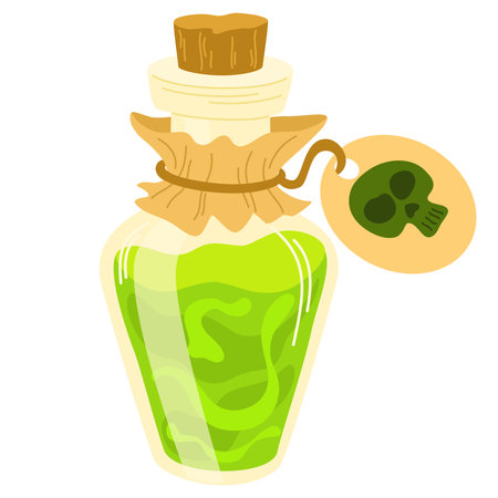 Magic poison potion. Alchemist bottle with elixir, poison, antidote. Vector illustration magical laboratory ingredients in bottle for poisoningのイラスト素材