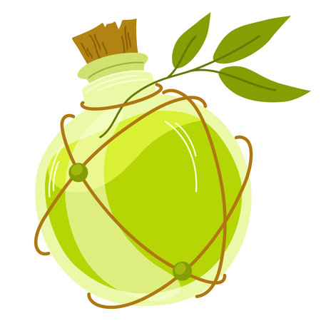 Magic potion. Cartoon game interface element, alchemist bottle with elixir, poison, antidote. Vector fantasy and fairy tales object for design Halloweenのイラスト素材