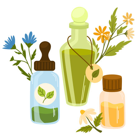 Aromatic herbs and herbal medicinal elixirs in bottles. Flowers, floral plants, leaf. Alternative natural essences. Flat graphic vector illustration isolated on white backgroundのイラスト素材